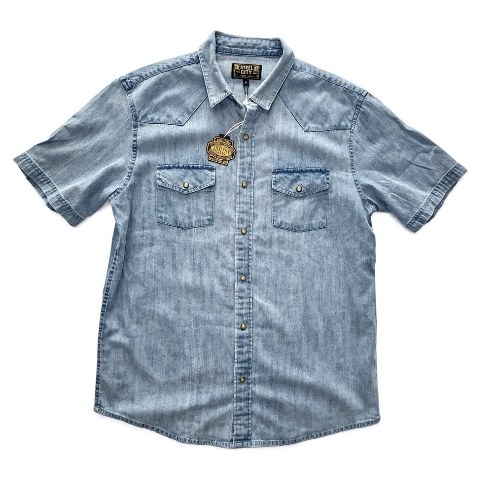 Steel City Chambray Denim Western Shirt Mens M Blue Short Sleeve Snap 60021119